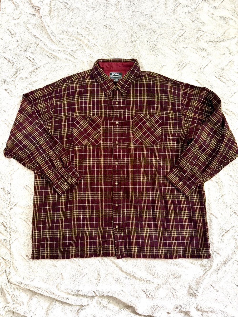 National Outfitters Plaid Flannel Shirt Mens 2XL Burgundy Yellow 100% Cotton